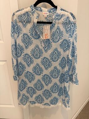 LuLaRoe White and Blue Paisley Fringe Beach Coverup